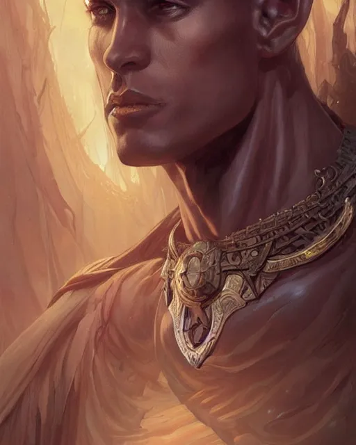 Image similar to portrait of a handsome male dark elf, fantasy, frank herbert, intricate, elegant, highly detailed, digital painting, artstation, concept art, sharp focus, illustration, art by artgerm and greg rutkowski and alphonse mucha