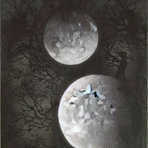 Image similar to looking at the full moon, transparent soul leaving the body, dave mckean