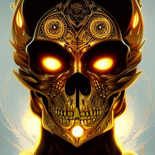 Image similar to symmetry!! portrait of golden! skull warrior, glowing eyes!! intricate, elegant, highly detailed, digital painting, artstation, concept art, smooth, sharp focus, illustration, art by artgerm and greg rutkowski and alphonse mucha