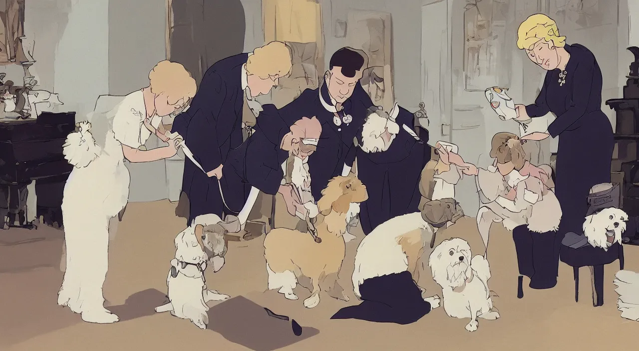 Prompt: queen of england placing a medal on the neck of a cream - colored havanese dog, england, 1 9 0 0, tartakovsky, atey ghailan, goro fujita, studio ghibli, rim light, happy, warm lighting, clear focus, very coherent