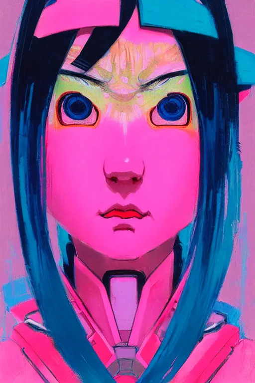 Image similar to portrait of a stylized japanese young mecha - geisha, painted in acrylic, pigment textures, in the colors hot pink and cyan, beautiful realistic face, rule of thirds, spotlight, by greg rutkowski, by jeremy mann, by francoise nielly, by van gogh, by ross tran, in focus, in the style of ghost in the shell