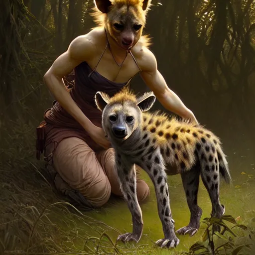 Prompt: photo of a humanoid hyena feeds humanoid hyena puppies in the forest, highly detailed, digital painting, artstation, smooth, sharp focus, illustration, art by artgerm and greg rutkowski and alphonse mucha