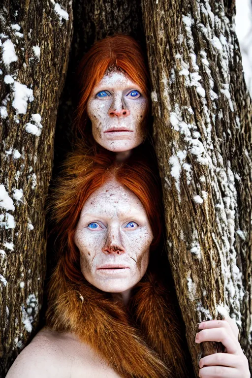 Image similar to a professional portrait photo of a gentle strong neanderthal woman in the forest in winter holding a spear, freckles and mud on face, black stripe painted side to side across her eyes, ginger hair and fur, extremely high fidelity, natural lighting,