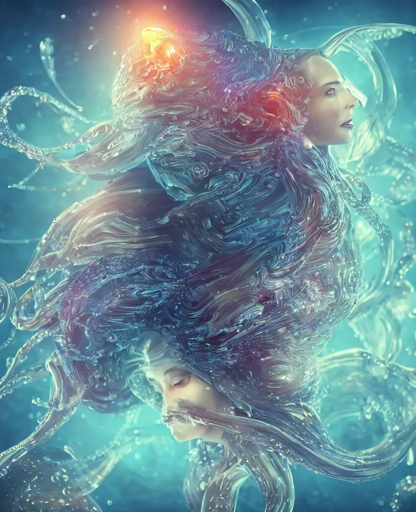 Image similar to close-up macro portrait of the face of a beautiful princess, epic angle and pose, symmetrical artwork, 3d with depth of field, blurred background, cybernetic jellyfish female face skull phoenix bird, translucent, nautilus, energy flows of water and fire. a highly detailed epic cinematic concept art CG render. made in Maya, Blender and Photoshop, octane render, excellent composition, cinematic dystopian brutalist atmosphere, dynamic dramatic cinematic lighting, aesthetic, very inspirational, arthouse. y Greg Rutkowski, Ilya Kuvshinov, WLOP, Stanley Artgerm Lau, Ruan Jia and Fenghua Zhong