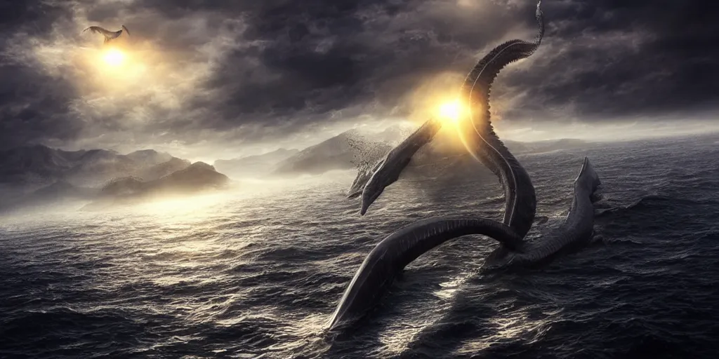 Prompt: giant mythical leviathan flying across the ocean, trending on artstation, digital art, fog, sun flare, rain