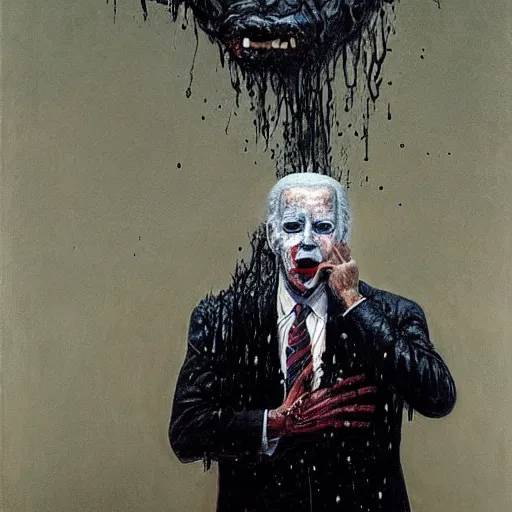 Prompt: presidential portrait of joe biden with oily black fluid pouring from mouth and nose as slenderman, by beksinski, jon mcnaughton, and stephen gammell