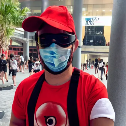 Image similar to a short stocky Italian man wearing a red ski mask over his face, with black goggles on his head, black t-shirt and light khaki cargo shorts, posing for a picture at anime matsuri convention