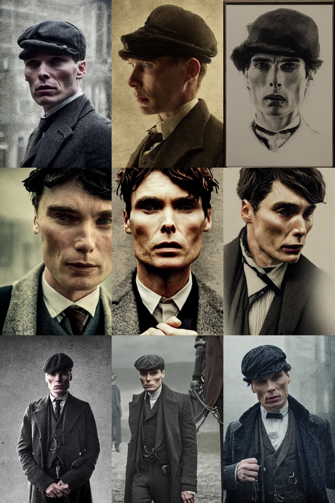 Prompt: portrait Cillian Murphy in Peaky Blinders get arrested by police beautiful face, Perfect detailed face, front view dramatic, gloomy, dark, bleak, cheerless, desolate, impressive, tragic, cinematic dull colours, dark colour scheme, atmospheric by Christopher Nolan