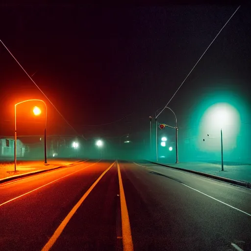 Image similar to A stunningly beautiful award-winning 8K high angle cinematic movie photograph of a spooky foggy empty lightless moonlit main intersection in an abandoned 1950s small town at night, by David Fincher and Darius Khonji, perfect composition, from roofline, moody low key backlit. Color palette from Seven, greens yellows and reds. 2 point perspective, high angle from 15 feet off the ground. Octane render