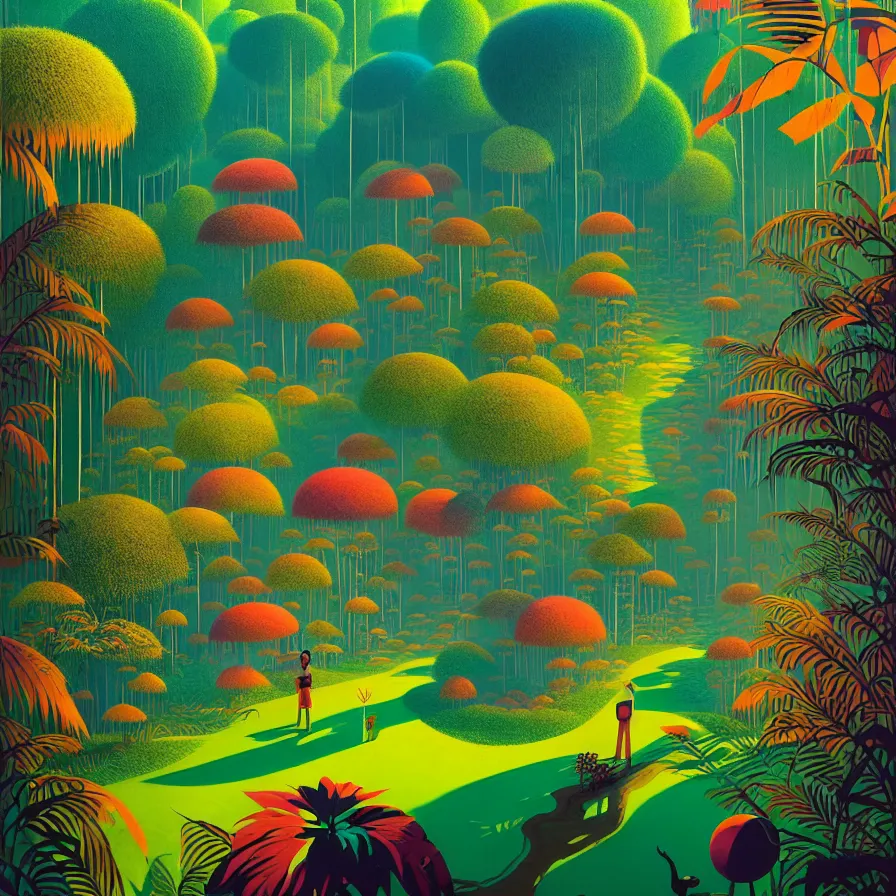 Prompt: surreal glimpse, malaysia jungle, summer morning, very coherent and colorful high contrast, art by gediminas pranckevicius, james gilleard, floralpunk screen printing woodblock, dark shadows, hard lighting, stippling dots,