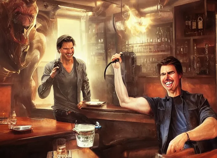 Image similar to hyper realistic tom cruise hanging out with tom cruise at a bar, all overly excited, jaw unhinged with laughter and smiling, all teeth, by greg rutkowski, scott m fischer, artgerm, loish, slight glow, atmospheric, anne stokes, alexandros pyromallis