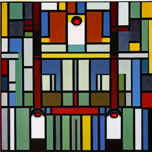 Image similar to A beautiful painting of a group of people standing in a line. They are all facing the same direction and appear to be waiting for something. Gucci, electric color, quartz by Piet Mondrian