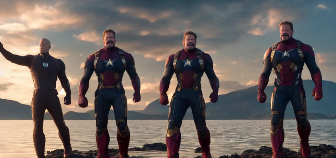 Prompt: a very high resolution image from a new movie. thanos waving at tony stark while capitan america watches on a lake, photorealistic, photography, directed by wes anderson