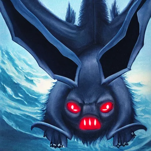 Image similar to CCTV Footage of detailed full body of scary giant mutant dark blue humanoid bat, glowing red eyes flying above a stormy ocean, sharp teeth, acid leaking from mouth, realistic, giant, bat ears, bat nose, bat claws, bat wings, furred, covered in soft fur, detailed, 85mm f/1.4