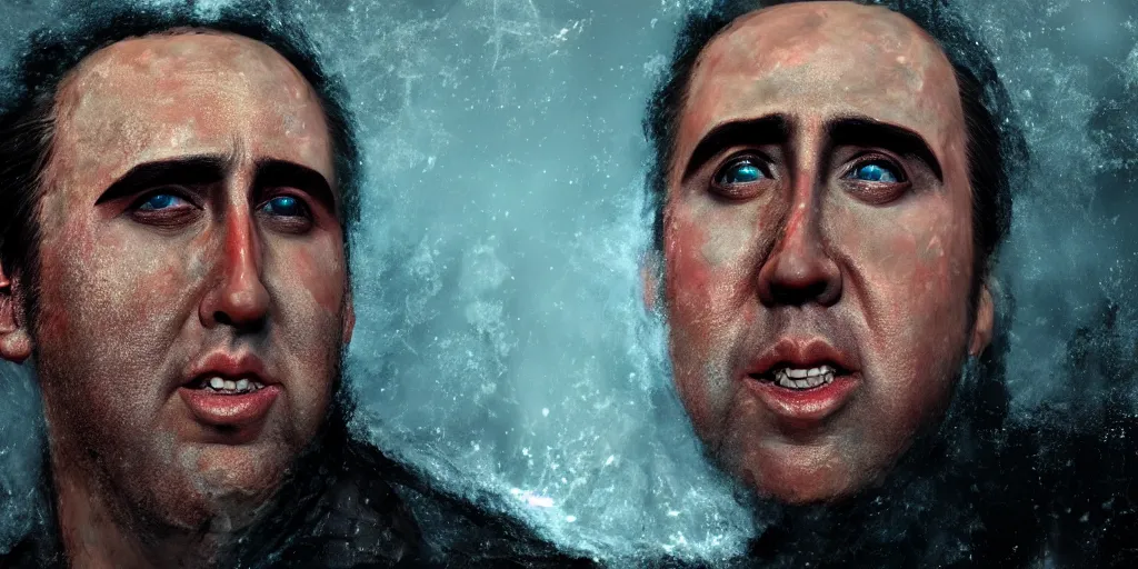 Image similar to A giant face of Nicolas Cage melting in a moutain, inspired by Everett Raymond Kinstler, artstation, 8k, photorealism