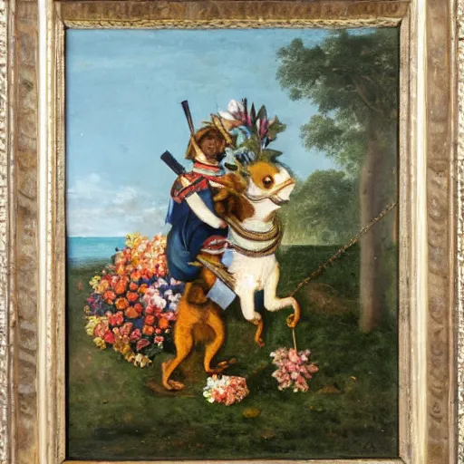 Prompt: a giant squirrel carrying napoleon on its back, beach scene with flowers and foliage, detailed oil painting