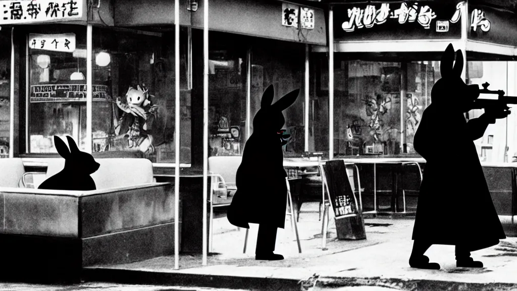 Image similar to a man in a trench coat wearing a black rabbit mask in front of a diner shooting an uzi, film still from the an anime directed by Katsuhiro Otomo with art direction by Salvador Dalí, wide lens