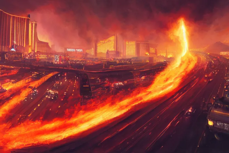 Image similar to a fire tornado going through the las vegas strip, matte painting, long shot, concept art, wide shot, digital art, trending on artstation, 4 k, extremely detailed, realistic, midday, warm colors, golden sunlight, by greg rutkowski, cinematic, epic