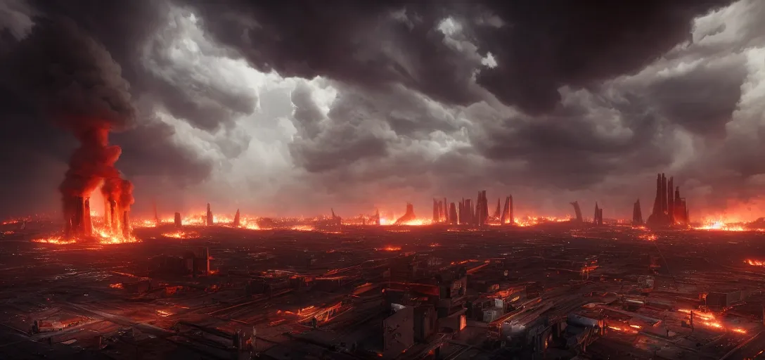 Image similar to dramatic view of empty cyberpunk underground foundry, giant burning fire pillars, chimney stacks spitting out fire and smoke, glowing ominous clouds, lightning, unreal engine, dramatic lighting, detailed, ambient occlusion, global illumination, god rays, 3 d artstation render by greg rutowski and jessica rossier