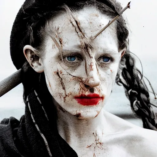 Prompt: a woman looking sick and leaning over the railing of a ship, a beautiful english woman with a long face narrow nose pale skin blue eyes red lips and wild messy tangles of curly white blonde hair, high resolution film still wearing a black robe and skull necklace and holding a spear, sandy, a journey to the west