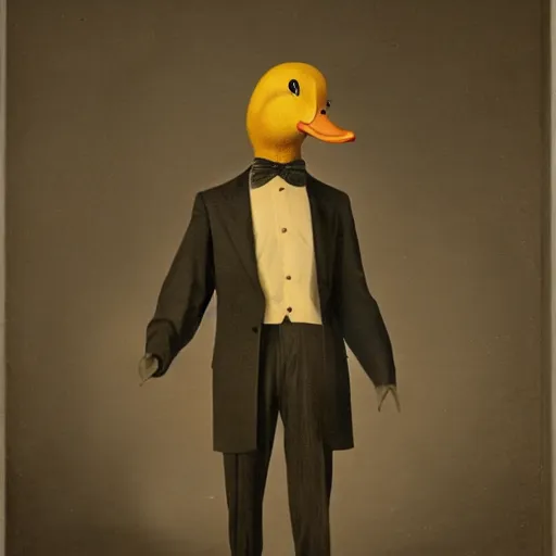 Image similar to a high detail photo of a man with a duck's head wearing a suit, antropomorphic, photorealism