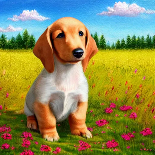 Image similar to cute fluffy daschund puppy sitting in flower meadow landscape detailed painting 4 k