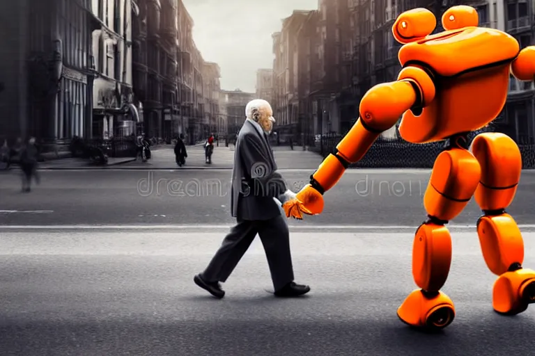 Prompt: : epic professional realistic photography of a orange robot + helping an elderly man cross the street + best on cgsociety, stock image, astonishing, impressive, outstanding, epic, cinematic, stunning, gorgeous, much detail, much wow,, masterpiece :