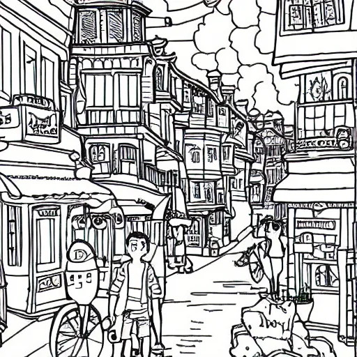 Image similar to an adult coloring page studio ghibli style town