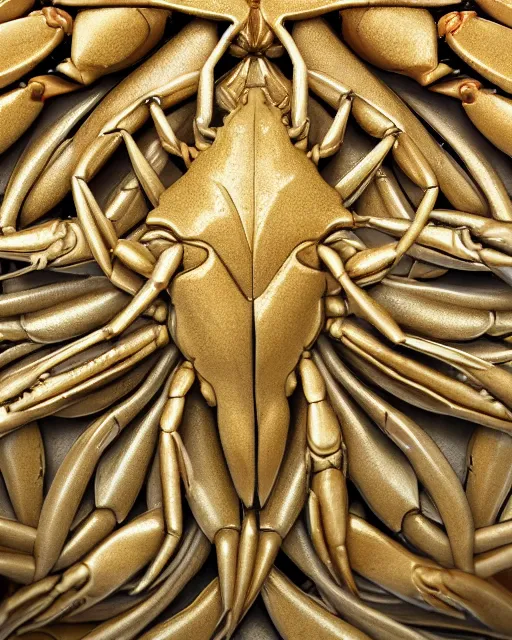 Prompt: symmetry, intracate marble bas relief sculpture, gold inlay, crabs crabs crabs crabs crabs crabs, highly detailed, octane, 8 k, hdr, alphonse mucha, trending on artstation