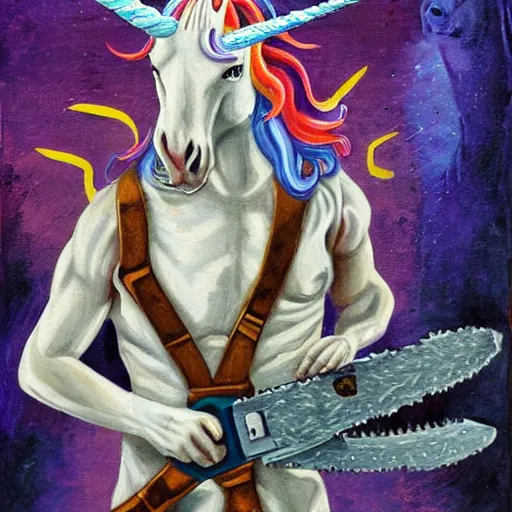 Prompt: a unicorn with a chainsaw for a horn fantasy painting