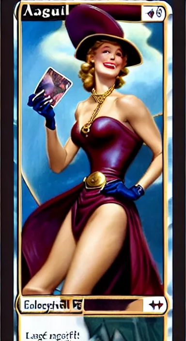 Image similar to a beautiful lady on a magic the gathering card by magali villeneuve and gil elvgren, crisp details, hyperrealism, smiling, happy, feminine facial features, stylish navy blue heels, gold chain belt, cream colored blouse, maroon hat, windblown, holding a leather purse, mtg card, mtg