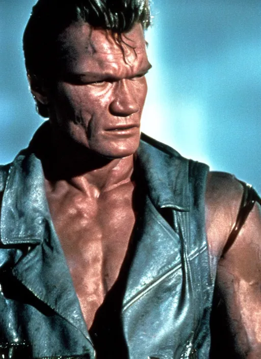 Prompt: film still of Patrick Swayze as The Terminator in Terminator, 4k