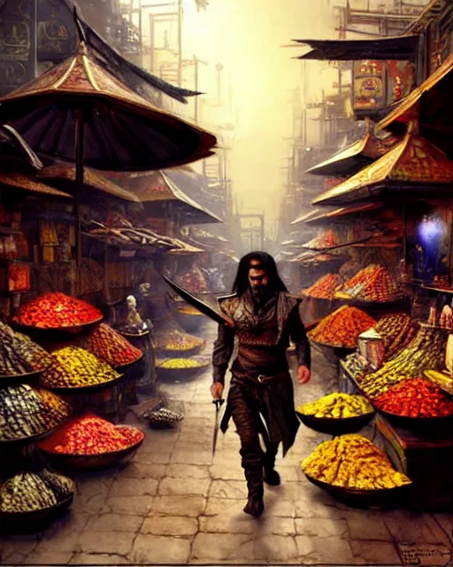 Prompt: fantasy concept art by craig mullins depicting colin farrell as an ancient egyptian rogue walking through a busy oriental market