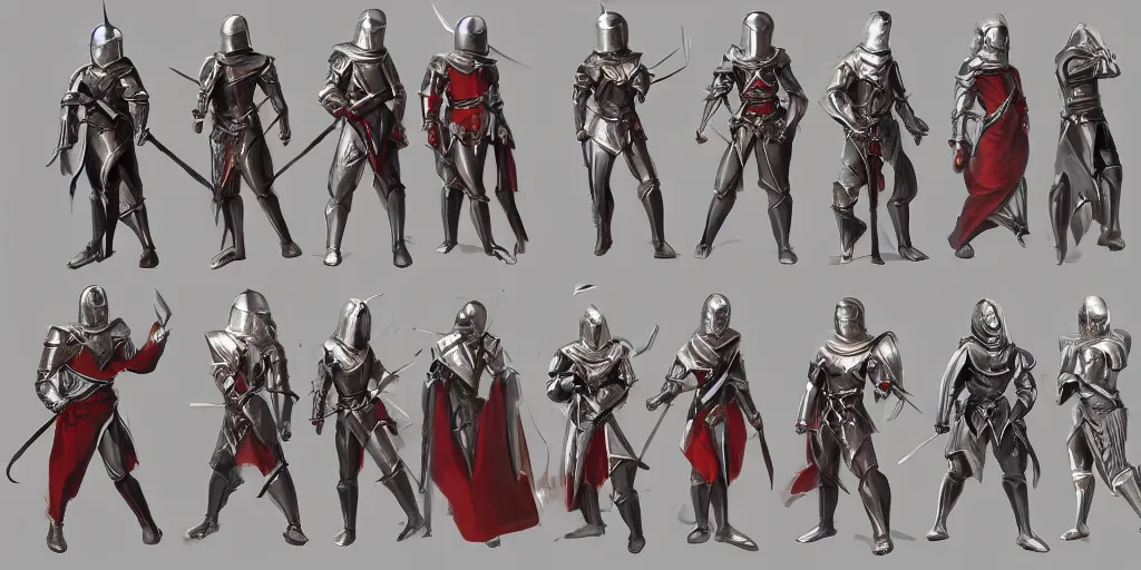 Image similar to different views of medieval knights, concept art by senior character artist, trending on artstation, full body characters designs