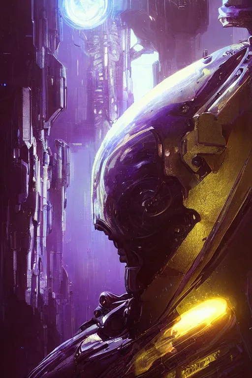 Image similar to portrait sci-fi art by Moebius and Ruan Jia and Joao Silva, a glowing alien liquid metal orb floating above the hand of a soldier, solar flares, futuristic environment, detailed and intricate environment, fractal biomech, cyberpunk, neon color, purple bioluminescence, gold and black metal, dramatic lighting, cinematic, high technology, highly detailed portrait, digital painting, artstation, concept art, smooth, sharp focus, ilustration, Artstation HQ