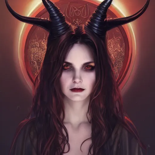 Image similar to a beautiful illustration of a satanic witch with horns in head, skulls, looking at camera, attractive, casual, modern, highly detailed, digital painting, artstation, concept art, smooth, sharp focus, illustration, art by artgerm, greg rutkowski and alphonse mucha