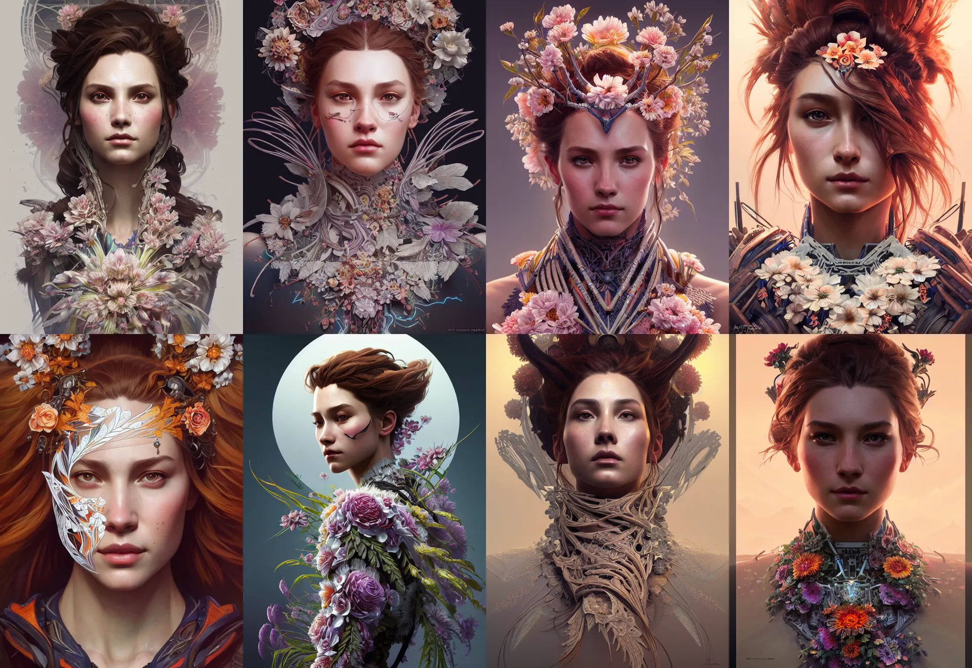 Image similar to symmetry!! portrait of floral! horizon zero dawn machine, intricate, elegant, highly detailed, digital painting, artstation, concept art, smooth, sharp focus, illustration, art by artgerm and greg rutkowski and alphonse mucha, 8 k