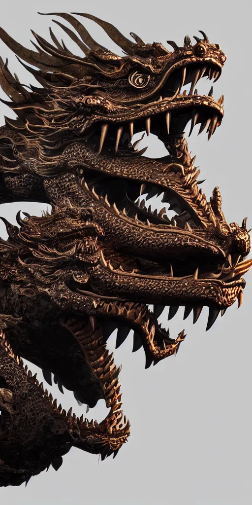 Prompt: a beautiful obverse portrait of a single huge chinese dragon, solid background, mechanical, metal, model design, fine texture structure, hyper detailed, perfect shadows, atmospheric lighting, 3 d render, the style of pascal blanche and sparth juan zigor samaniego, paul pepera pablo roldan, denoise, alone, 4 k hd