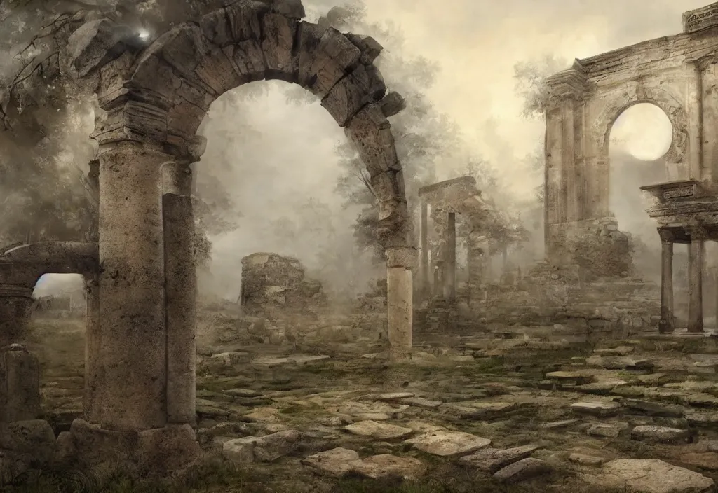 Image similar to roman ruins, moonlit with ambient fog, michael jackson with yellow eyes, trending on art station