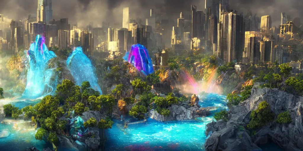 Image similar to a octane render of a landscape with a epic city and aquamarine coloured gras beautiful trees made from gold and rainbow liquid waterfalls and marvel hell riders with rainbow flames as citizen hollywood style, by waya steurbaut entertainment, dark, intricate, highly detailed, smooth, artstation, high resolution film render 100k, photo realistic style, epic, colourful, close up shot, 3D