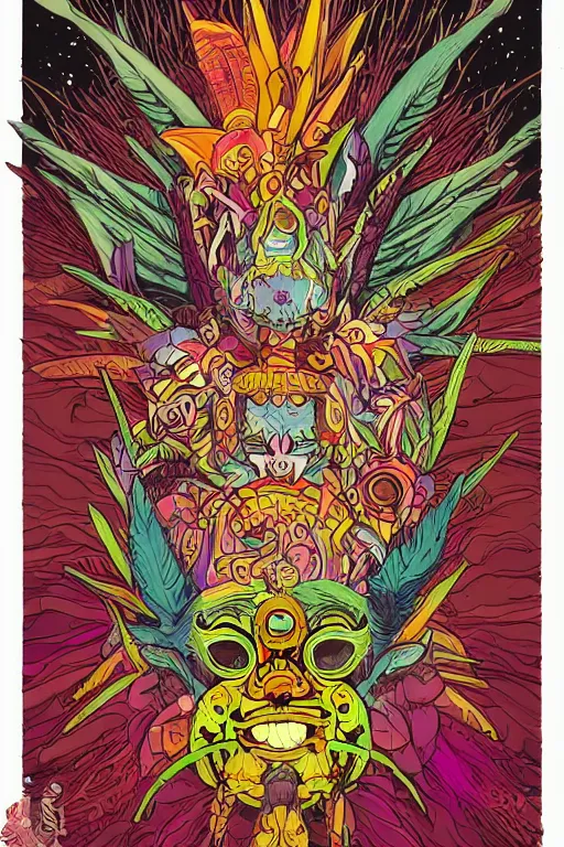 Image similar to animal mask totem roots flower tribal feather gemstone plant wood rock shaman vodoo video game vector cutout illustration vivid multicolor borderlands comics by josan gonzales and dan mumford radiating a glowing aura