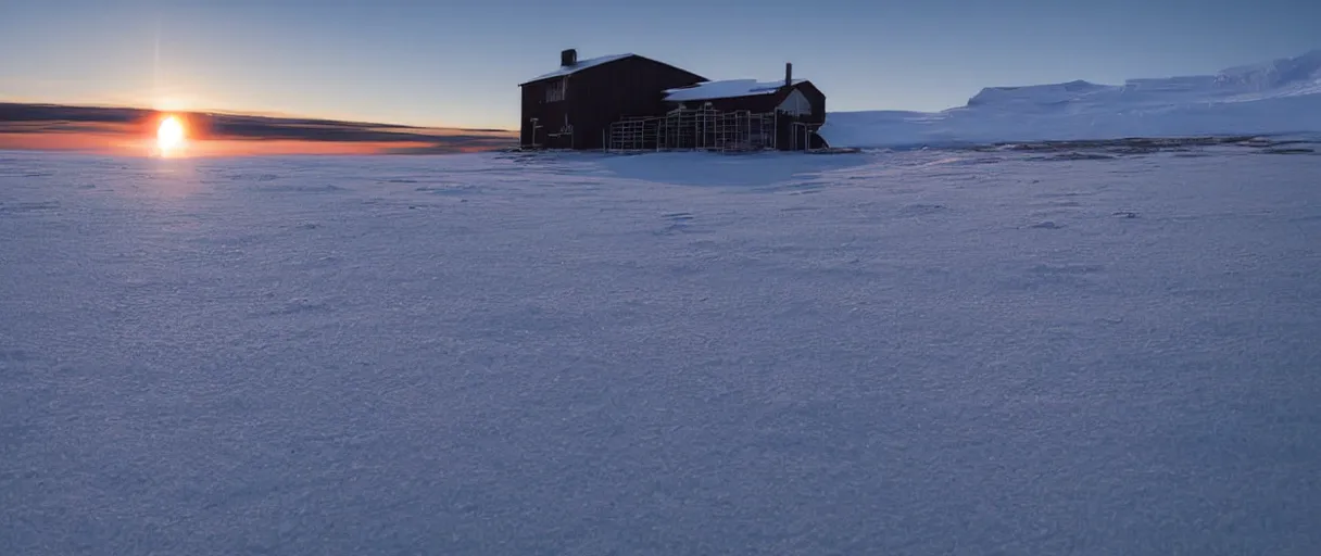 Prompt: a high quality color extreme closeup depth of field creepy hd 4 k film 3 5 mm behind the shoulder pov photograph of mcmurdoch station in antarctica at the beginning of sunset from the pov of the back of a man in silhouette from the shoulder up looking down from a vista point