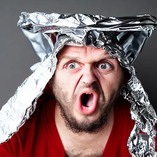 Image similar to crazy man wearing a tinfoil hat