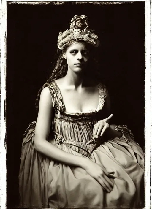 Image similar to portrait of young woman in renaissance dress and renaissance headdress, art by sally mann