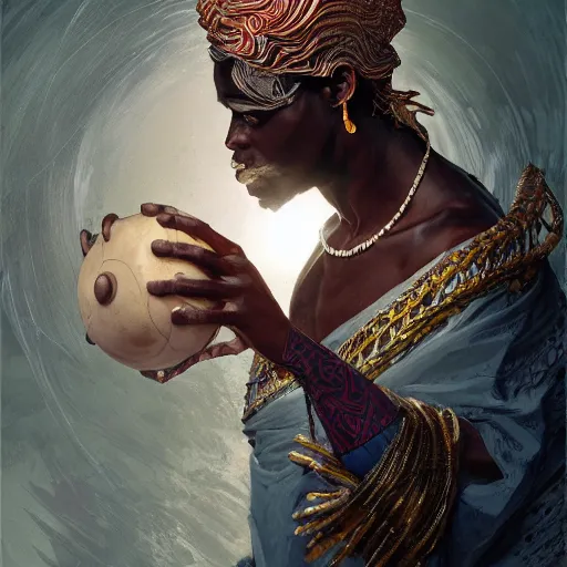 Prompt: african cosmic god obatala, dim light, front game card, marvel comics, dark, intricate, highly detailed, smooth, artstation, digital illustration by ruan jia and mandy jurgens and artgerm and wayne barlowe and greg rutkowski and zdislav beksinski.