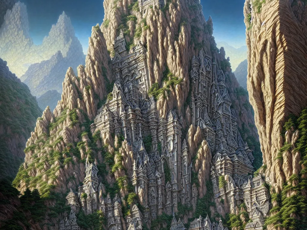 Image similar to ultra detailed, fractal cityscape carved into mountain wall, intricate details, elegant, super highly detailed, professional digital painting, artstation, concept art, smooth, sharp focus, no blur, no dof, extreme illustration, Unreal Engine 5, Photorealism, 8k, cinematic, art by artgerm and greg rutkowski and alphonse mucha and loish and WLOP