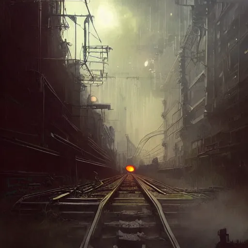 Image similar to a train driving trough dystopian hellscape, long shot, lumnious, magical, atmospheric, urban concept art, backlighting, by greg rutkowski *, martin mottet, maya takamura, and william turner