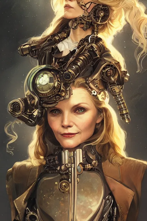 Prompt: young michelle pfeiffer as a steampunk cyborg, portrait, western, steampunk, duster, fantasy, intricate, elegant, highly detailed, digital painting, artstation, concept art, sharp focus, illustration, art by artgerm and greg rutkowski and alphonse mucha