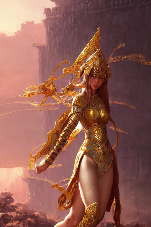 Prompt: knights of zodiac girl, golden and copper armor, karate fighting in ruined agora of athens sunrise, ssci - fi and fantasy, intricate and very very beautiful and elegant, highly detailed, digital painting, artstation, concept art, smooth and sharp focus, illustration, art by tian zi and wlop and alphonse mucha