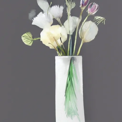 Prompt: monochrome watercolor high vase with dry flowers, background chiffon